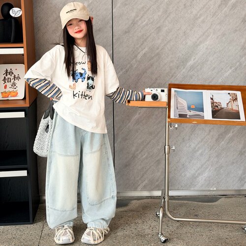 女童做旧牛仔弯刀裤2026年春夏新款中大儿童假两件T恤阔腿裤套装