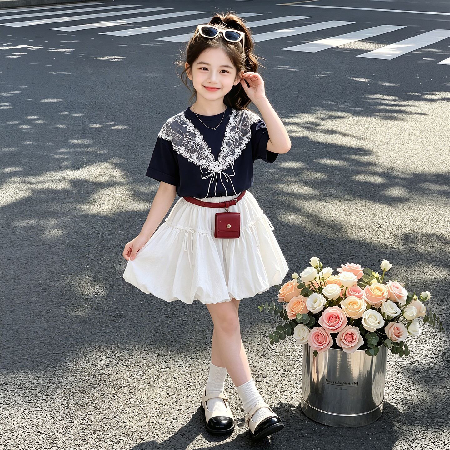 女童蝴蝶结蕾丝拼接短袖T恤夏装半袖2026新款花苞纱裙两件套套装