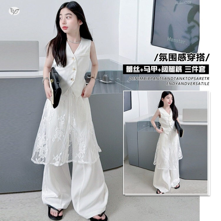 跨境女童2026夏季新款中大童V领无袖西服马甲蕾丝开衫阔腿裤套装