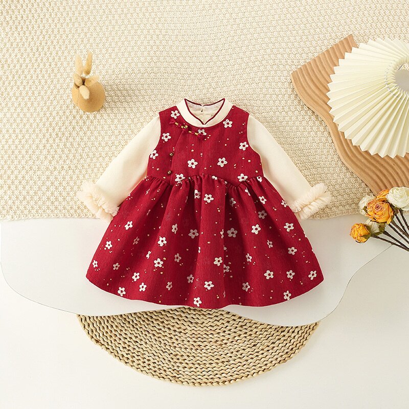 唐装春季新款童装女童连衣裙甜美可爱儿童打底衫宝宝背心裙两件套