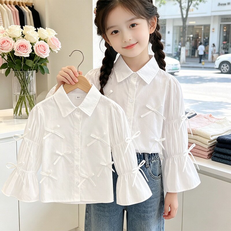 女童长袖衬衫春秋2026新款儿童学校女孩白色翻领棉质休闲校服上衣
