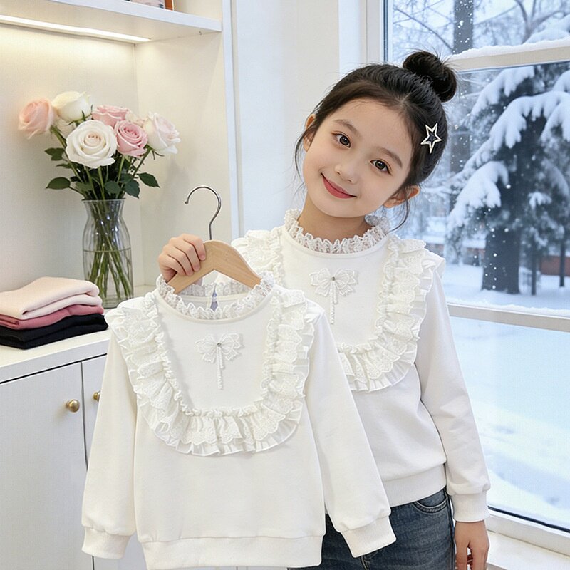 春秋款女童上衣高质量长袖儿童花边领纯棉内搭T恤公主女孩打底衫7