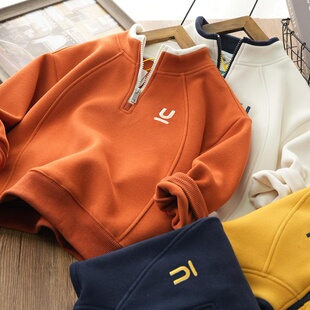 童装儿童加绒卫衣秋冬季一体绒保暖上衣男童半拉链打底衫儿童冬装