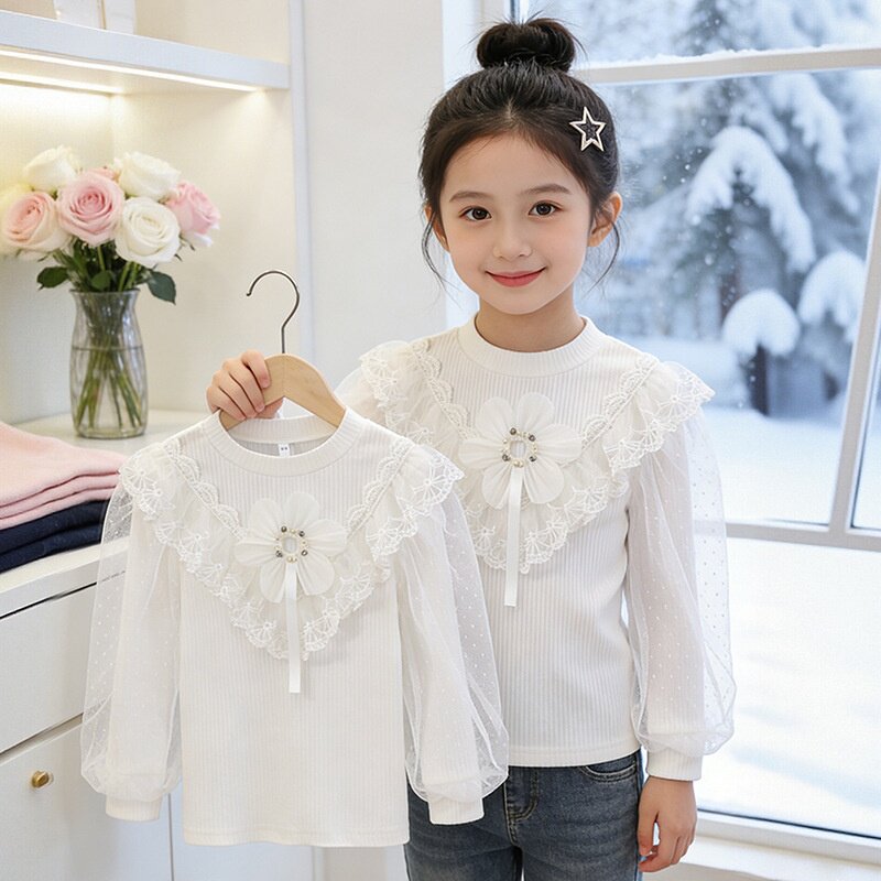 女童高质量t恤长袖春秋款儿童花边领洋气圆领白色上衣时尚打底衫