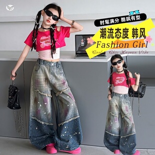 女童2026年夏季新款韩版三拼满钻牛仔裤套装中大童漏肩短袖T恤潮