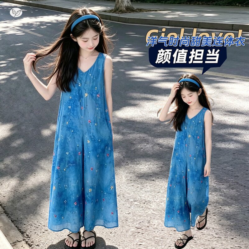 女童花朵刺绣连体裤2026夏新款中大童宽松V领背带裤轻薄阔腿长裤