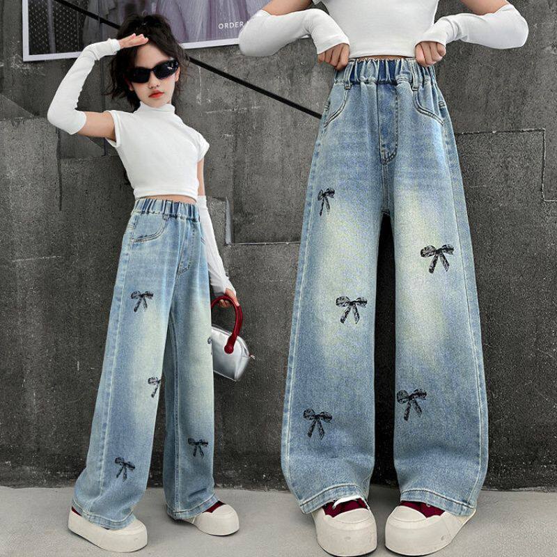 女童阔腿裤春秋装2026新款洋气儿童中大童学生牛仔裤春款宽松裤子