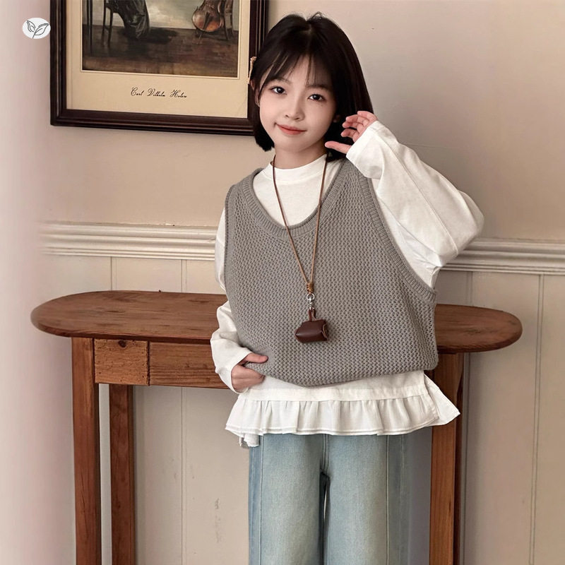 女童牛仔裤套装春秋2026新款花边长袖T恤马甲阔腿裤三件套中大童