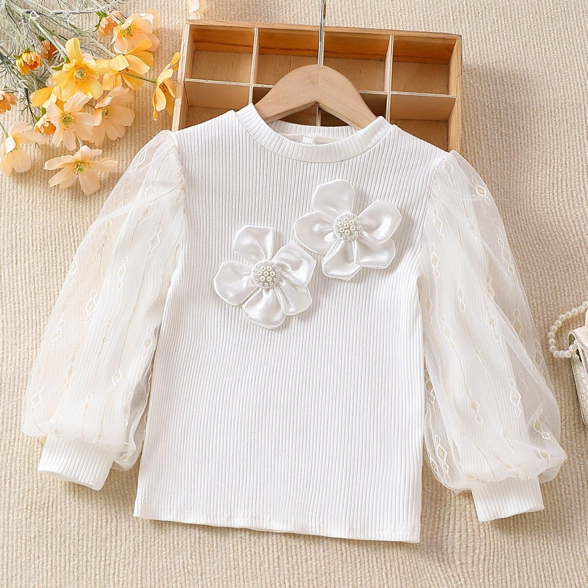 女童长袖t恤春秋薄款儿童春季洋气时髦泡泡袖秋季女宝宝白色上衣