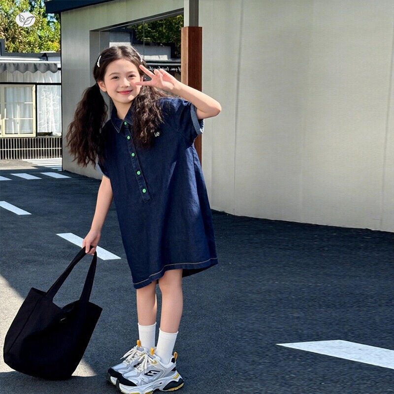 女童牛仔连衣裙2026夏新款中大童休闲刺绣中长裙半袖T恤裙衬衫裙