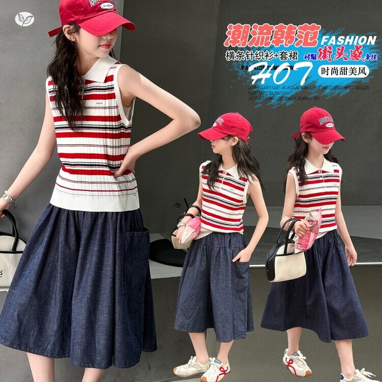 女童冰丝无袖polo衫套装夏季2026新款儿童洋气时髦女大童裙裤夏装