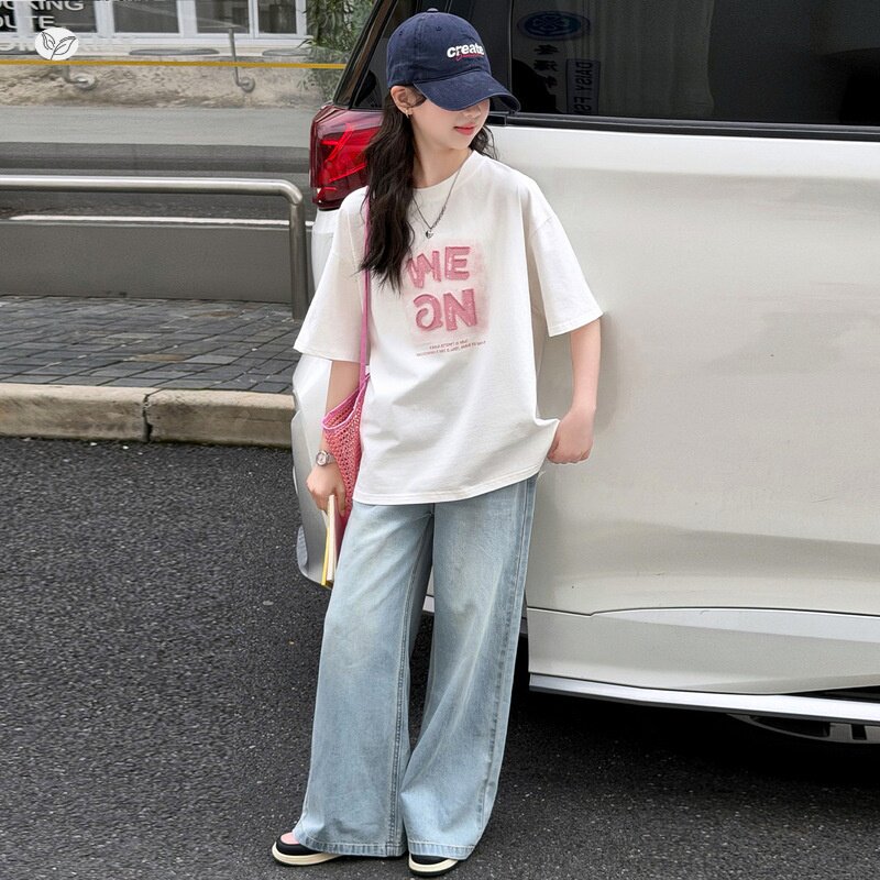 女童印染T恤牛仔裤套装2026夏季新款中大儿童字母短袖阔腿裤轻薄