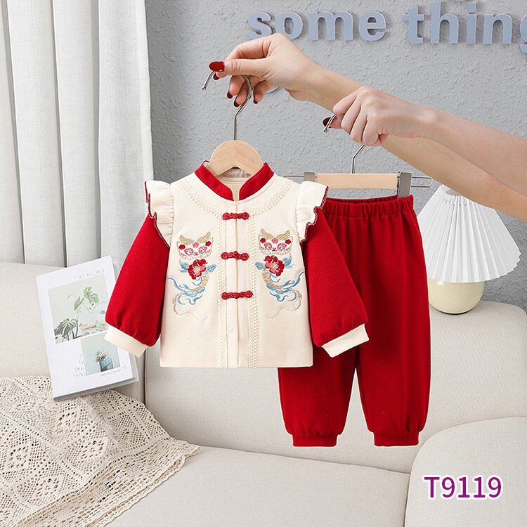 春秋新款婴儿衣服 喜庆中式红色周岁礼服男女宝宝生日分体套装秋