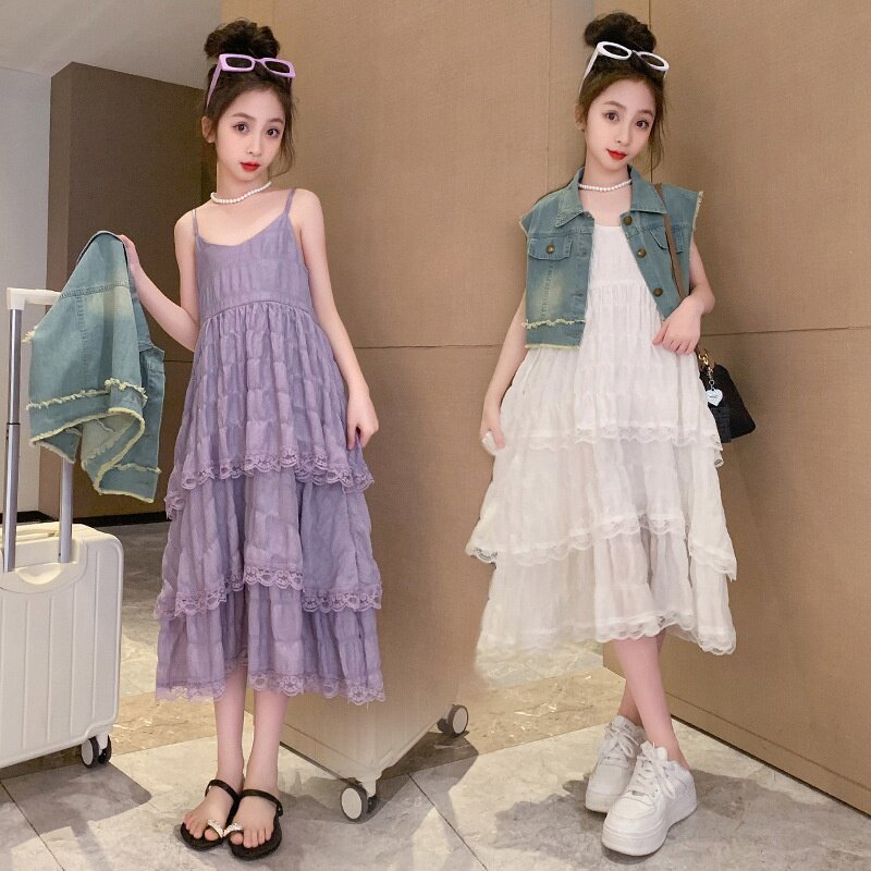 女大童连衣裙2026韩版洋气时髦吊带花边蛋糕裙休闲无袖牛仔马甲潮