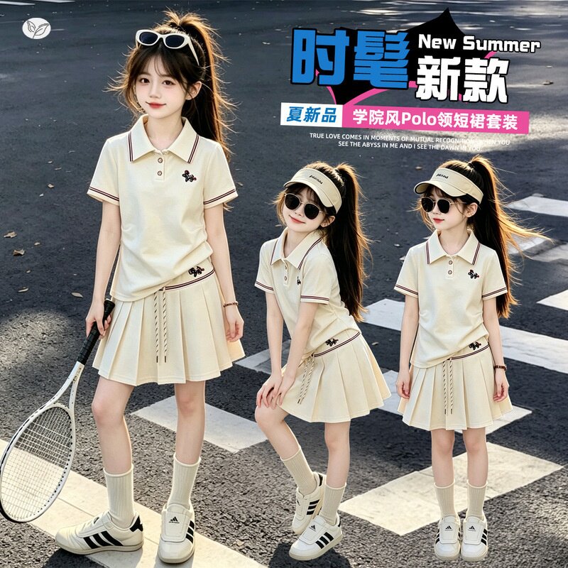 女童夏季运动套装2026新款中大童小马刺绣POLO衫T恤百褶裙短裙潮