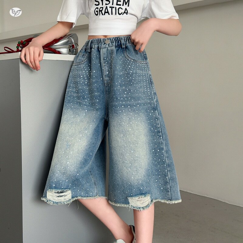2026夏季女童镶钻烫钻毛边牛仔七分裤中大童薄款阔腿