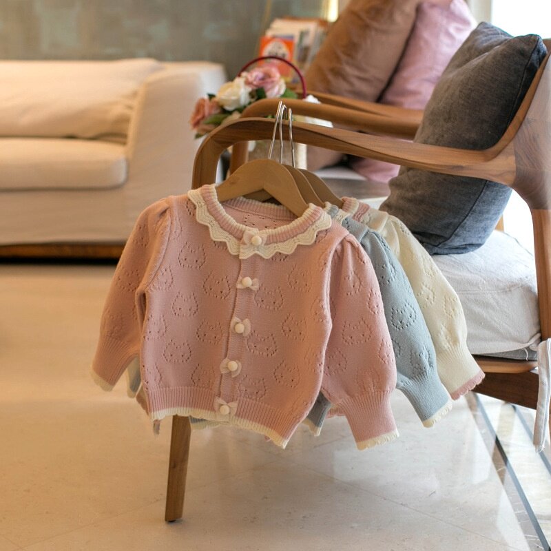 女童毛衣外套春秋款儿童线衣小童针织镂空开衫上衣泡泡袖洋气童装