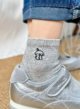 灰色日系可爱卡通刺绣袜子女中筒袜ins潮百搭网眼透气薄款学院风