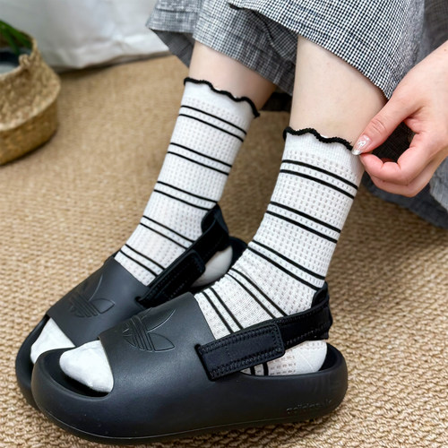 日系木耳花边条纹可爱袜子女中筒