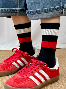 搭配鲨鱼裤袜子女中筒袜ins潮纯棉春秋季二杠条纹运动袜灰色日系