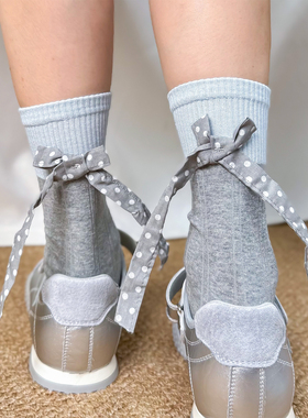 miu系灰色可爱蝴蝶结饰品日系袜子女中筒袜条纹ins潮百搭配单鞋