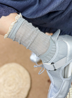 灰色袜子女中筒纯棉夏季薄透气吸汗日系堆堆袜可爱花边长袜配单鞋