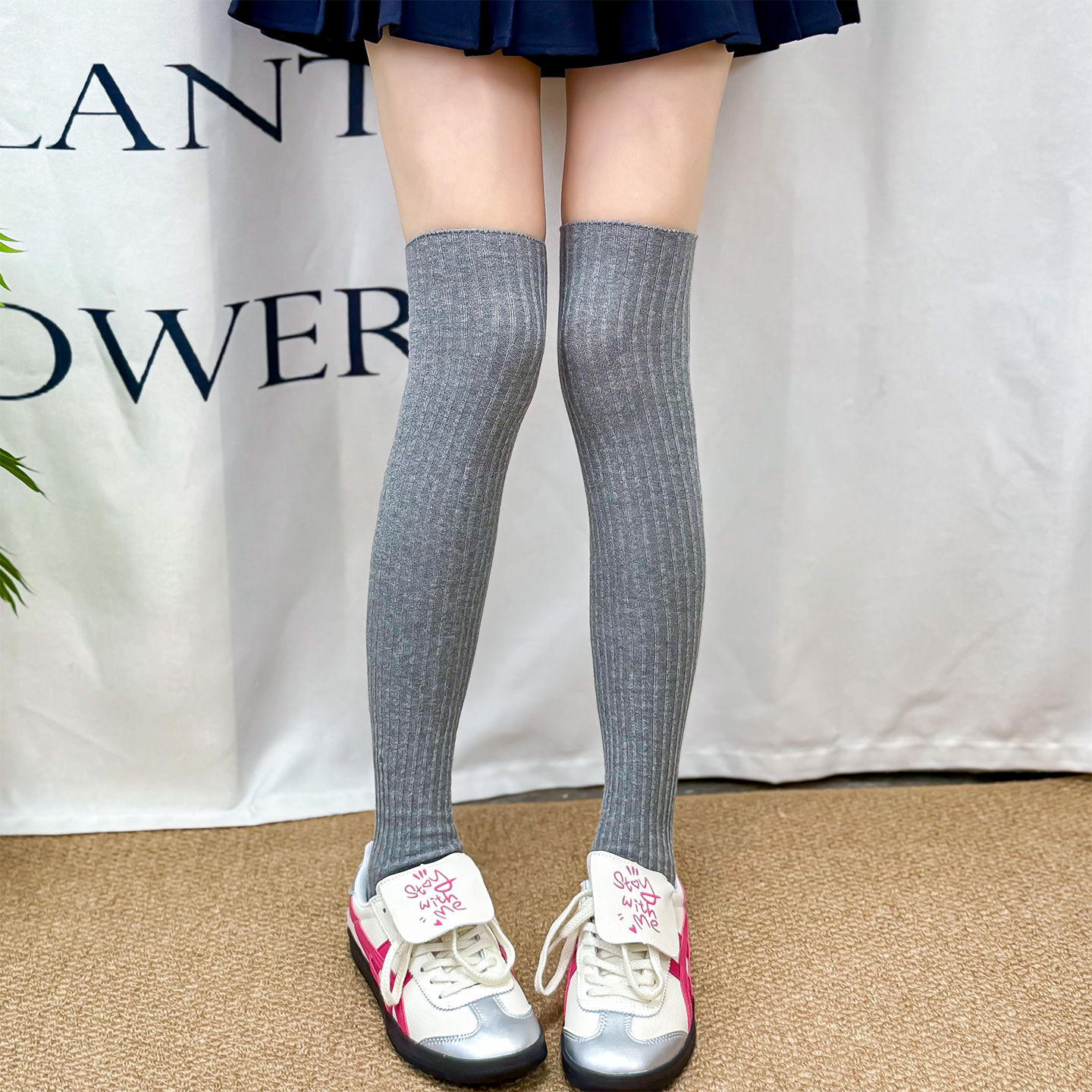 灰色过膝袜子女纯棉长筒袜洛丽塔