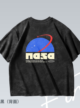 Fortee nasa 科技logo做旧水洗落肩潮流印花重磅T恤男女宽松短袖