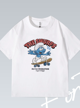 滑板蓝精灵动画vintage街头落肩做旧潮流印花重磅T恤男女宽松短袖