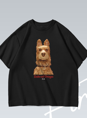 犬之岛动画电影落肩做旧重磅水洗个性潮流印花T恤男女宽松短袖