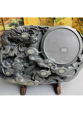 手工雕端砚台特价 梅花坑《龙舞群星》端砚台 32x21x7.5cm