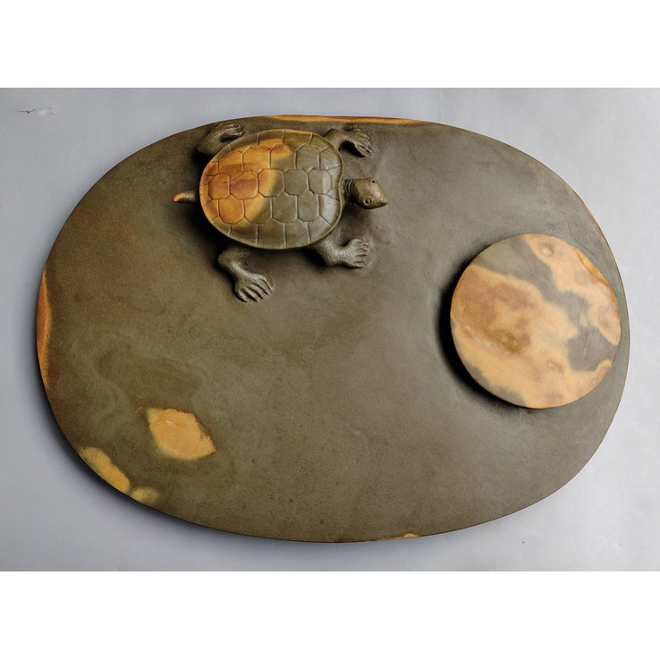 手工雕端砚台 绿端“长寿龟”端石干泡茶盘 33.5cmx24cmx4cm