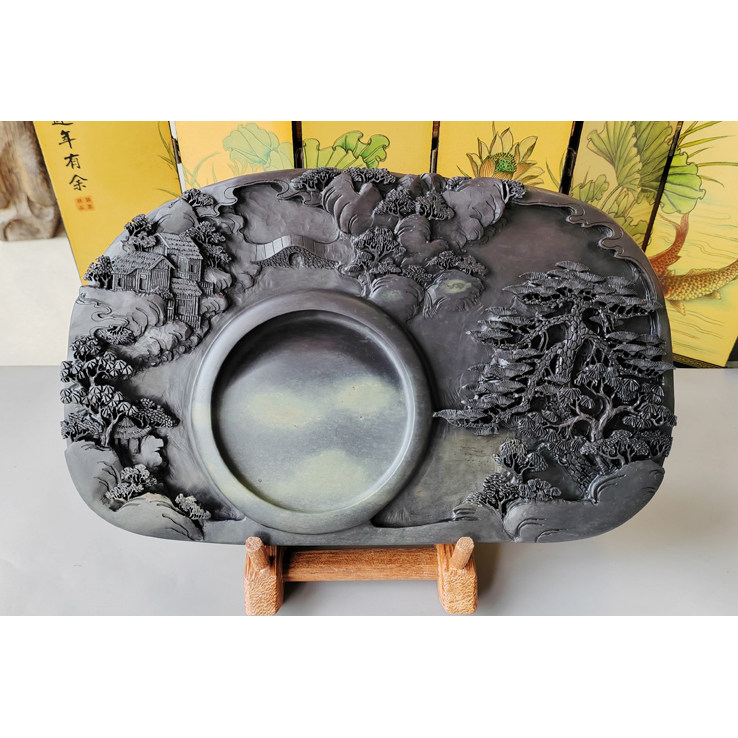 梁伟明大师作品 手工雕端溪坑《东山日出》端砚台29.5x18.3x3.7cm