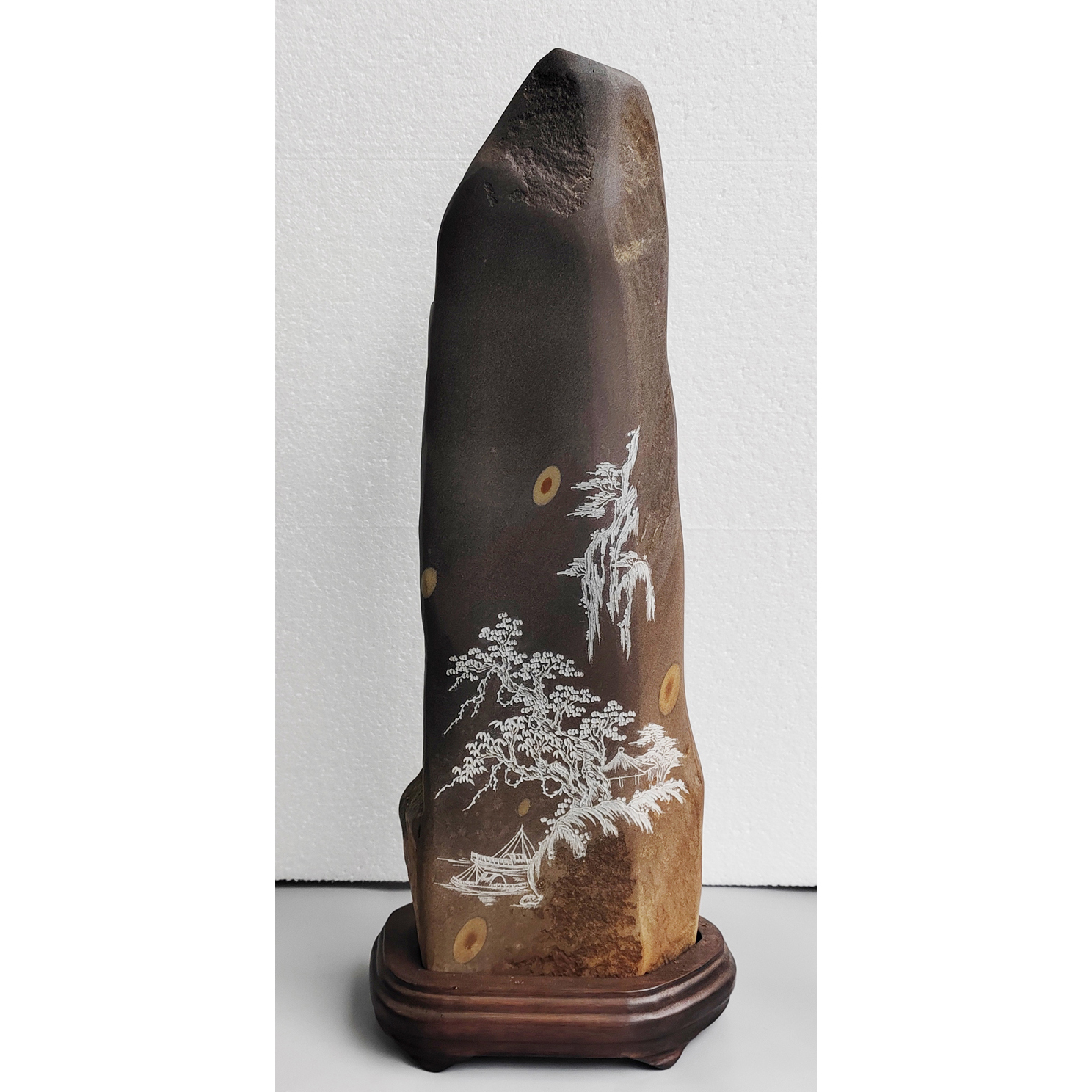 手工雕特价梅花坑《星湖美景》端石风水摆件14x6x43（高）cm
