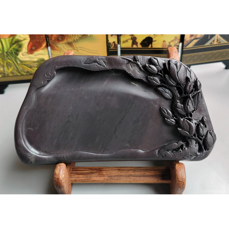 手工雕端砚台 老水麻子坑《芝兰玉树》端砚台 16.5x9.5x3cm