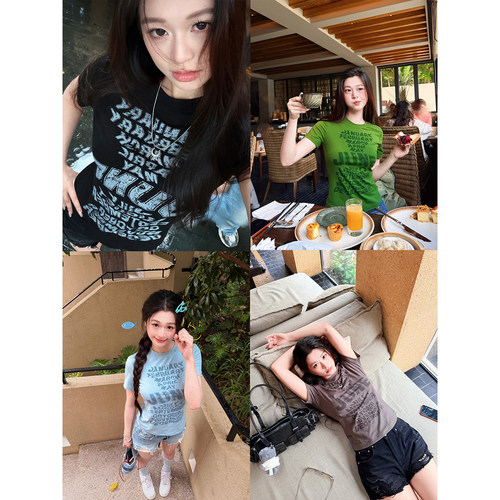 六指导 瘦瘦t 莱赛尔亲肤美式圆领字母印花t恤百搭薄款短袖上衣女