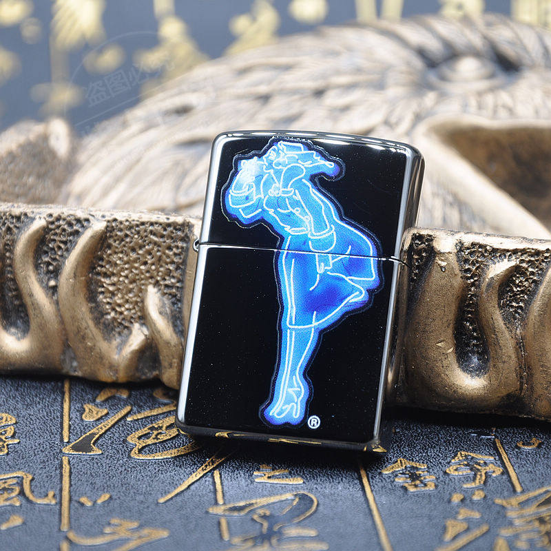 zippo打火机正版 之宝美版经典 2008年黑冰两面加工风中女郎24482