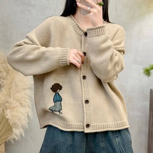 丝清美衣 贴布小人棉线针织开衫外套女宽松显瘦秋季复古休闲外套