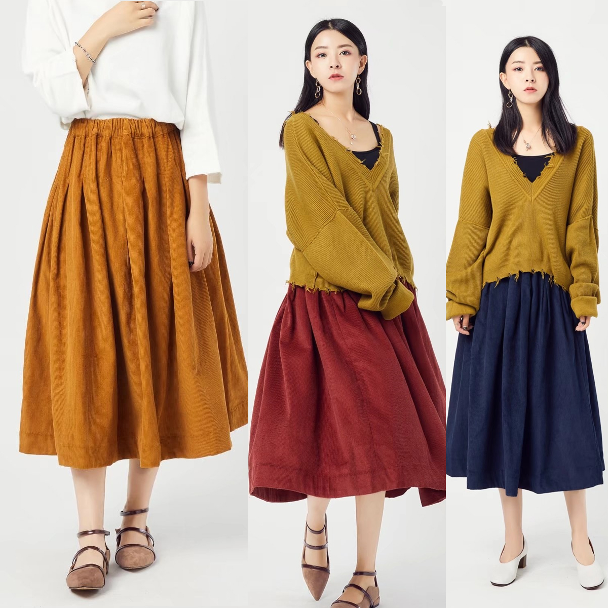 幸福朵朵 純棉燈芯絨半身裙女學生大擺裙文藝長裙春秋冬三季可穿
