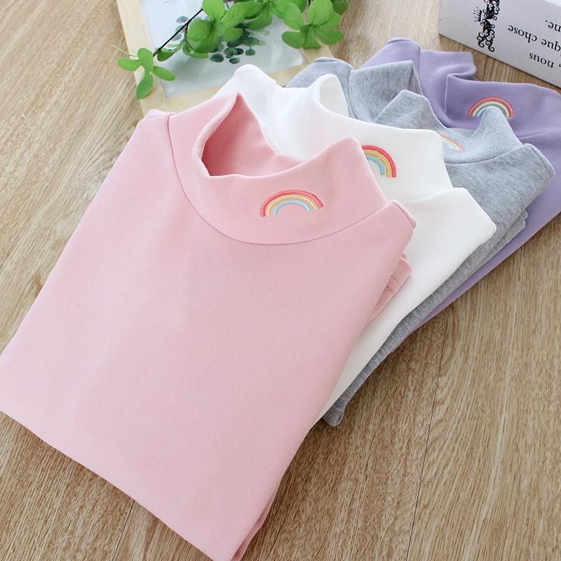 女童纯棉打底衫中大童磨毛T恤衫儿童半高领内搭秋衣中领上衣秋冬