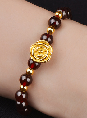 黄金玫瑰花手链女士硬金手饰红玛瑙手串石榴石黄金手镯送情人礼物