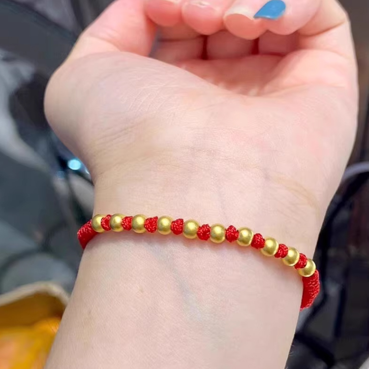 黄金手链男女情侣款本命年红绳编织金珠转运珠黑绳手串新年小礼物