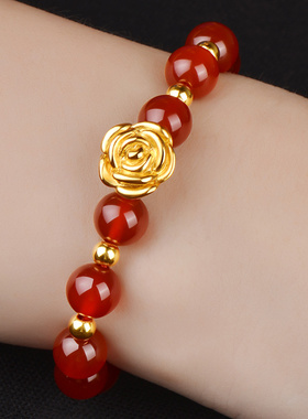 黄金玫瑰花手链女生天然红玛瑙手串妈妈生日礼物送女生闺蜜手饰品
