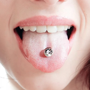 粗针 钛钢 大球 直杆杠铃款嵌钻舌头钉 舌环 舌头饰品 杆12毫米长