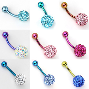 F136防过敏钛合金彩色双头螺旋脐钉满钻球形粗针细针长针肚脐扣