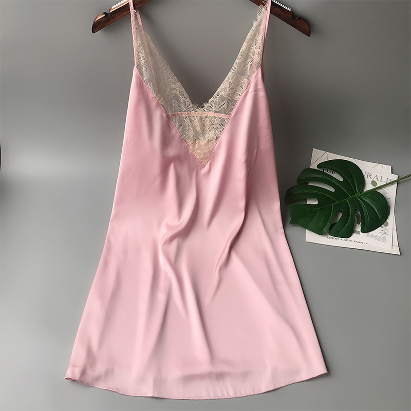 超短睡裙女夏蕾丝v领情趣性感睡衣女宽松吊带裙冰丝短裙薄款清凉