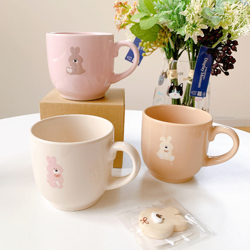 日本制进口可爱小熊兔子蝴蝶结牛奶糖色陶瓷马克杯水杯茶杯咖啡杯