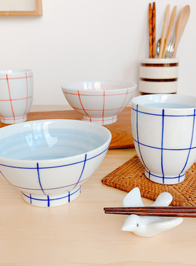日本进口Bisque小清新格子zakka饭碗汤吞和风茶杯家用陶瓷餐具