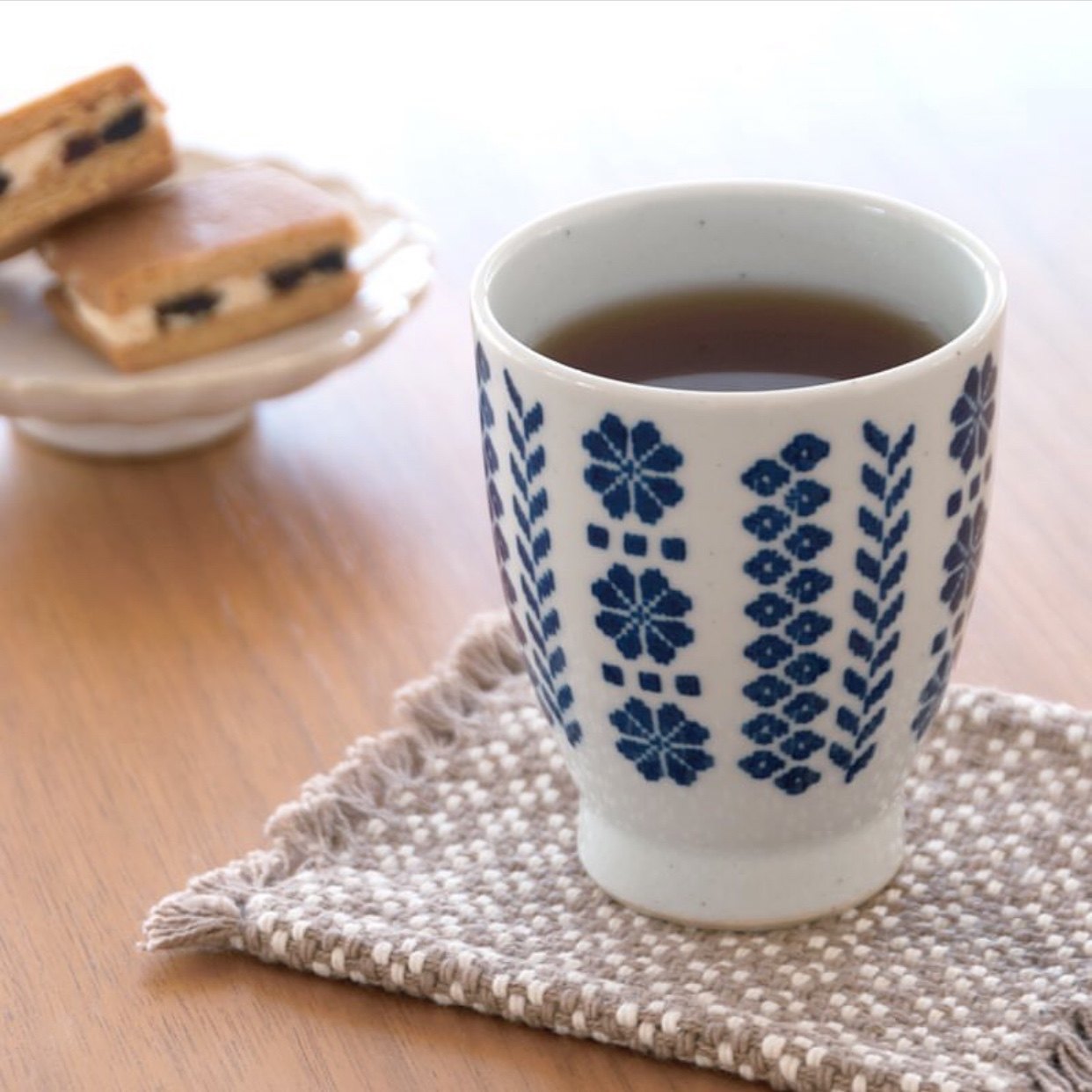 日本进口bisque作家北欧风编织印花图案咖啡杯牛奶手握茶杯治愈系