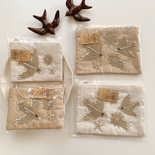 日本进口cottage手工串珠飞鸟刺绣流苏拉链化妆包随身收纳包